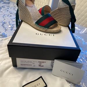 GUCCI Lilibeth Web Espadrille Wedge Sandal